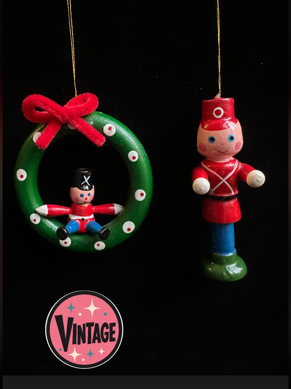Vintage 1970s–80s Wooden Soldier Nutcracker & Christmas Wreath Ornament LOT